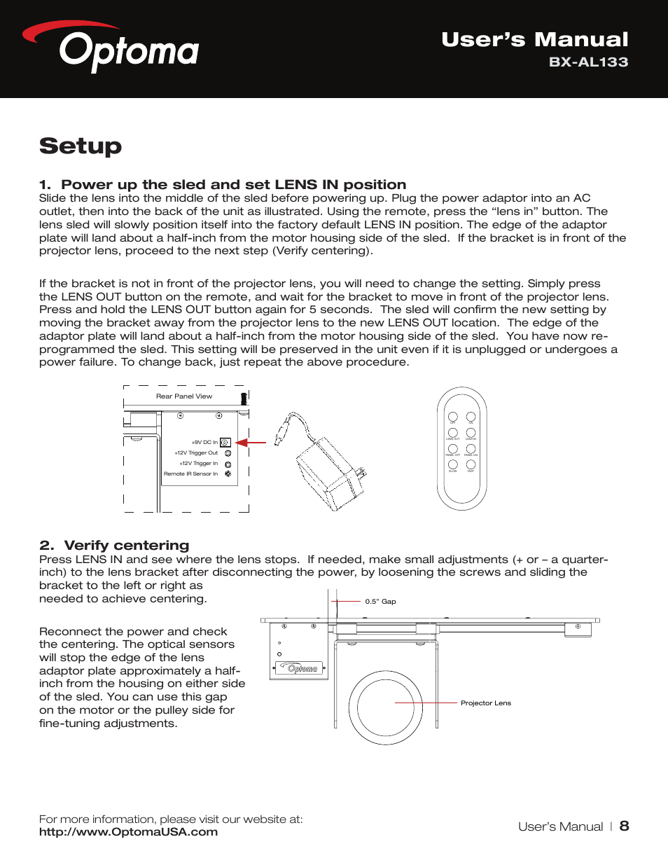 Setup, User’s manual, Bx-al133 | Power up the sled and set lens in position, Verify centering | Optoma BX-AL133 User Manual | Page 8 / 19