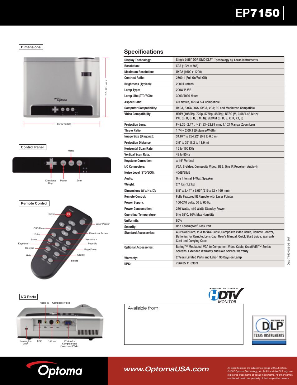 Ep 7150, Specifications, Available from | Optoma Optoma EP7150 User Manual | Page 2 / 2