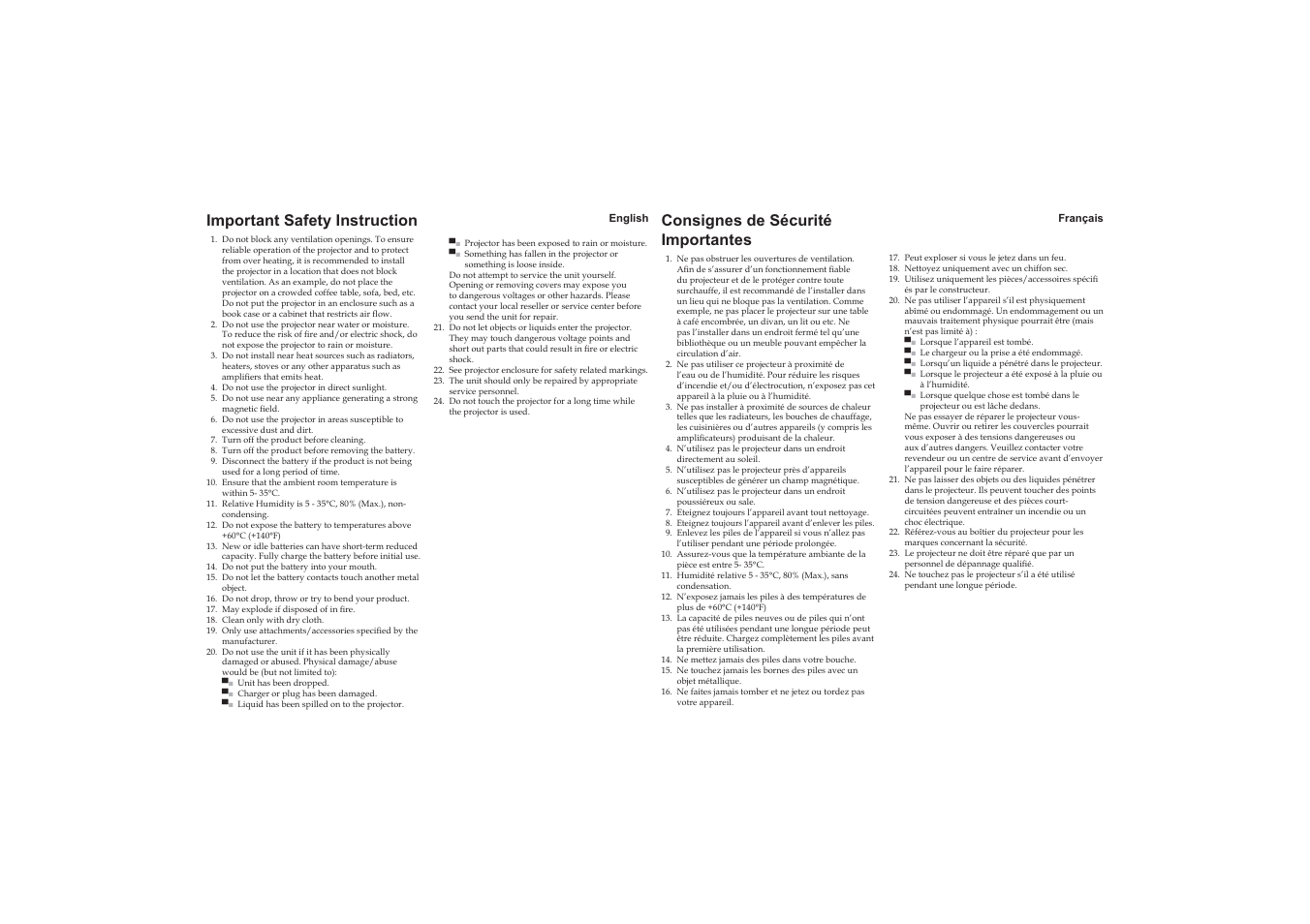 Important safety instruction, Consignes de sécurité importantes | Optoma Pico Pocket User Manual | Page 13 / 30