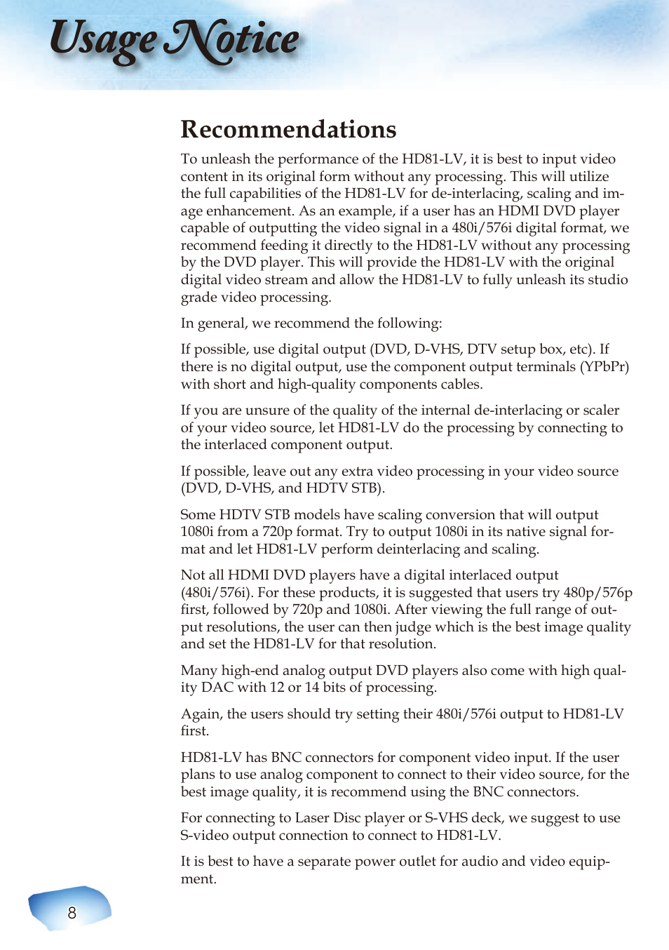 Usage notice, Recommendations | Optoma HIGH-END User Manual | Page 10 / 68