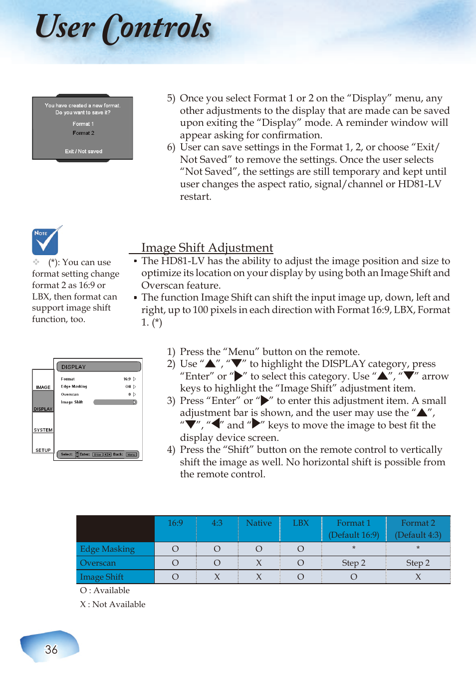 User controls, Image shift adjustment | Optoma HIGH-END User Manual | Page 38 / 68
