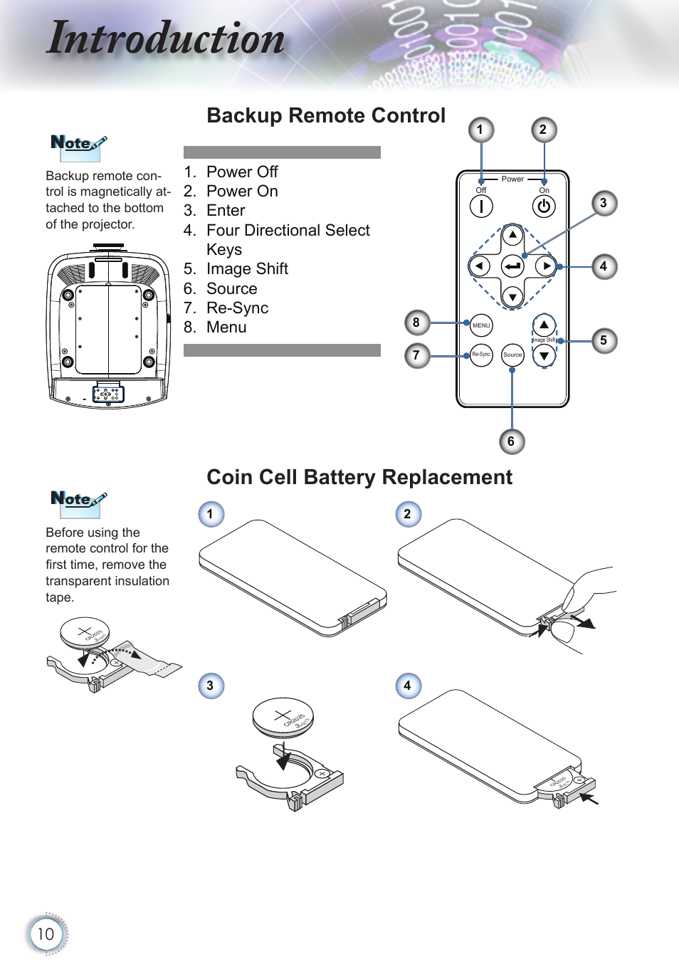 Introduction, Backup remote control, Coin cell battery replacement | Optoma HD82 User Manual | Page 10 / 52