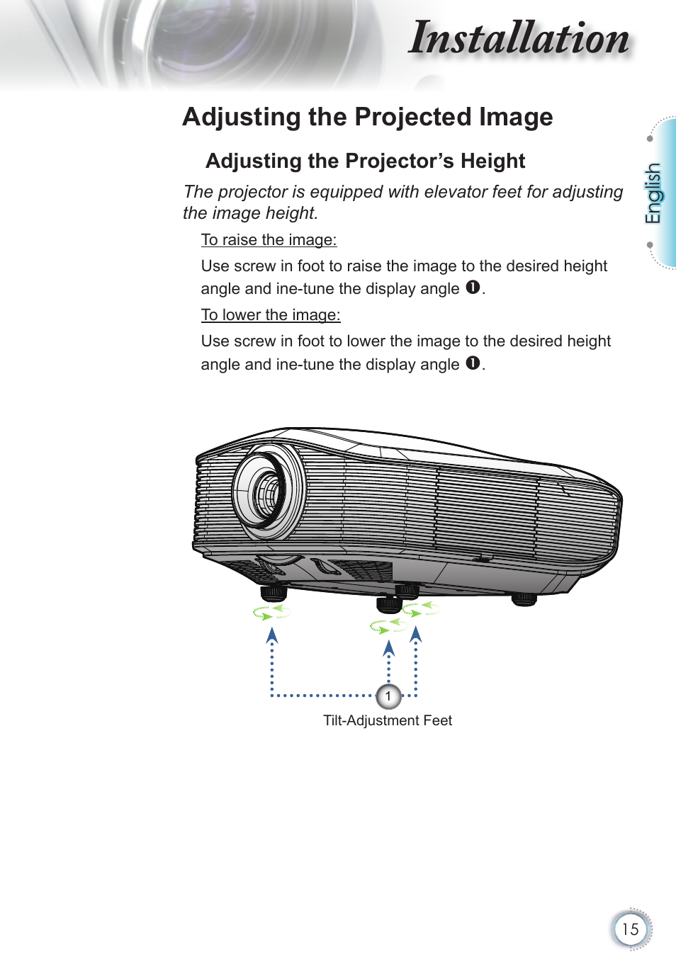 Installation, Adjusting the projected image | Optoma HD82 User Manual | Page 15 / 52