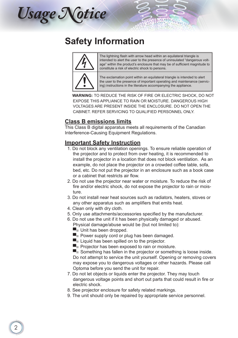 Usage notice, Safety information | Optoma HD82 User Manual | Page 2 / 52