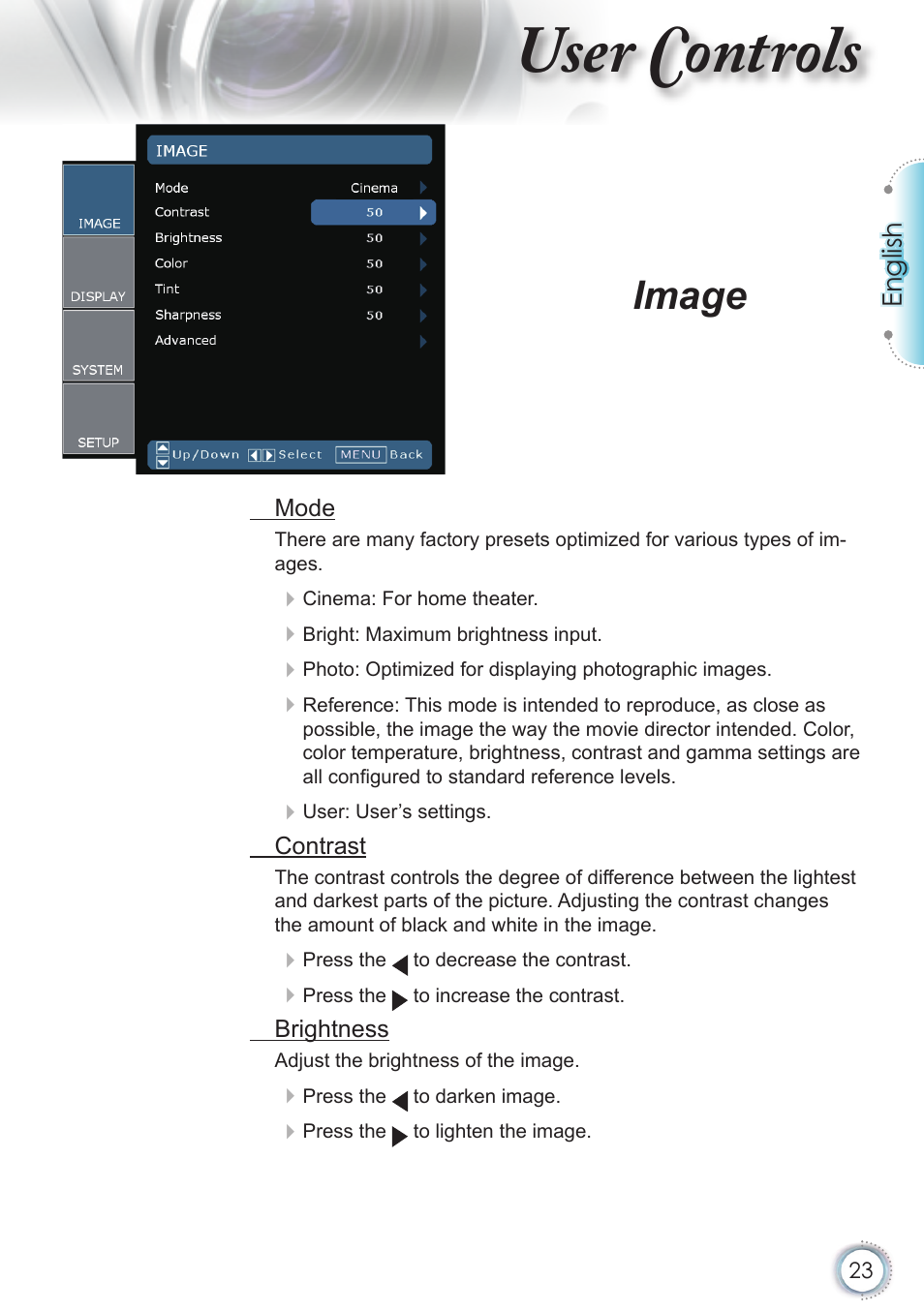 User controls, Image | Optoma HD82 User Manual | Page 23 / 52