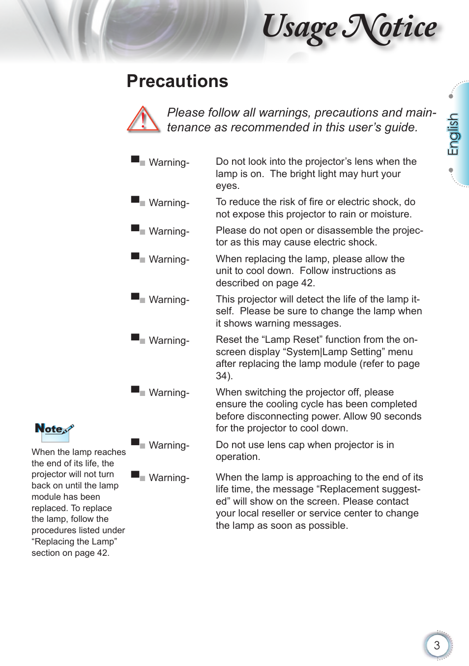 Usage notice, Precautions, English | Optoma HD82 User Manual | Page 3 / 52