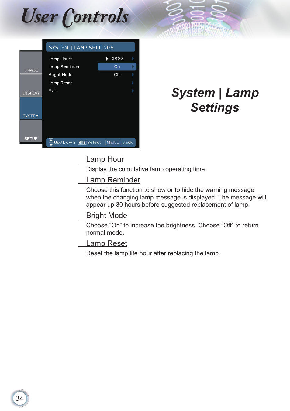 User controls, System | lamp settings | Optoma HD82 User Manual | Page 34 / 52