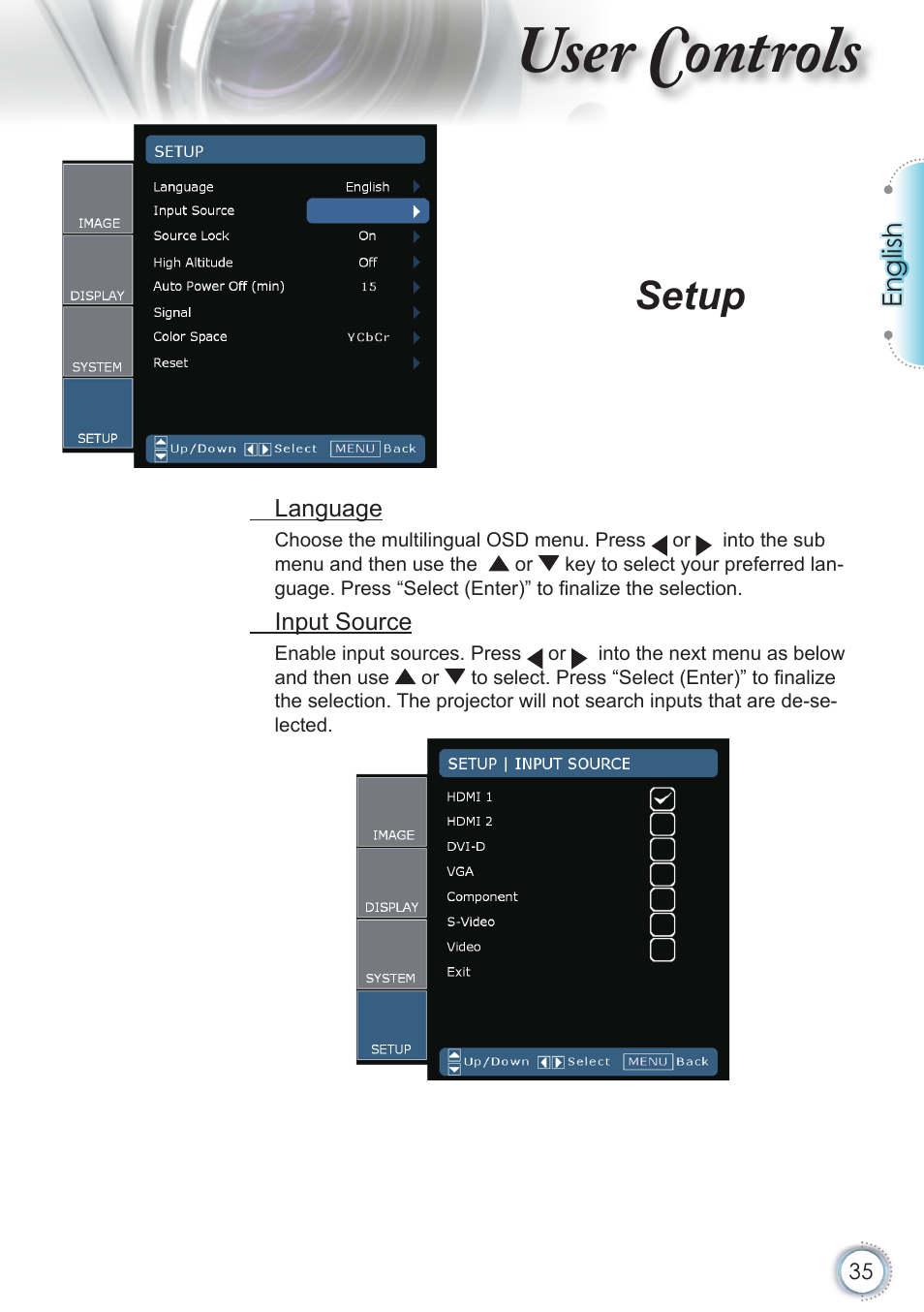 User controls, Setup | Optoma HD82 User Manual | Page 35 / 52