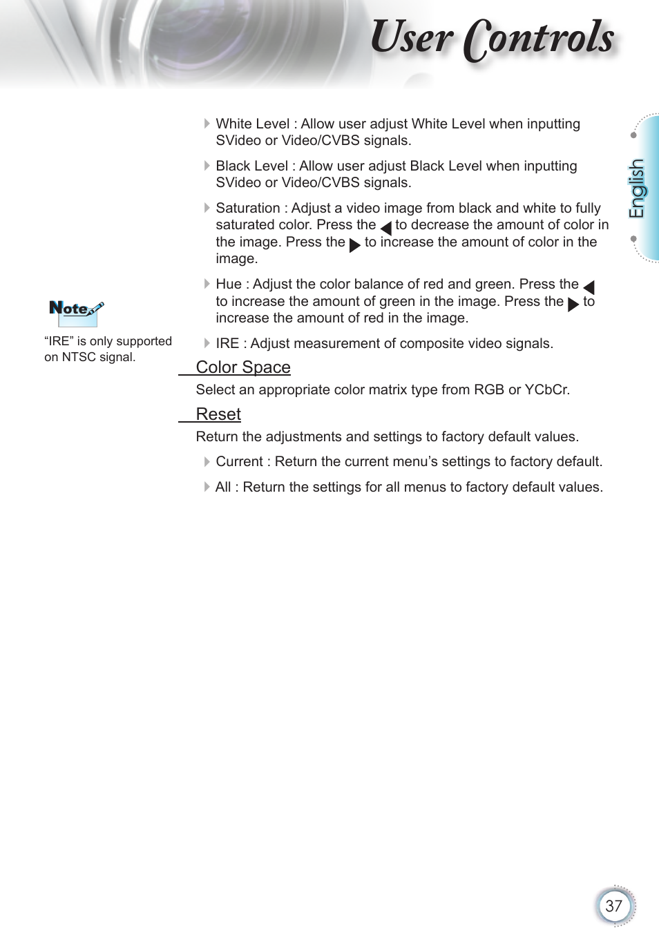 User controls, English | Optoma HD82 User Manual | Page 37 / 52