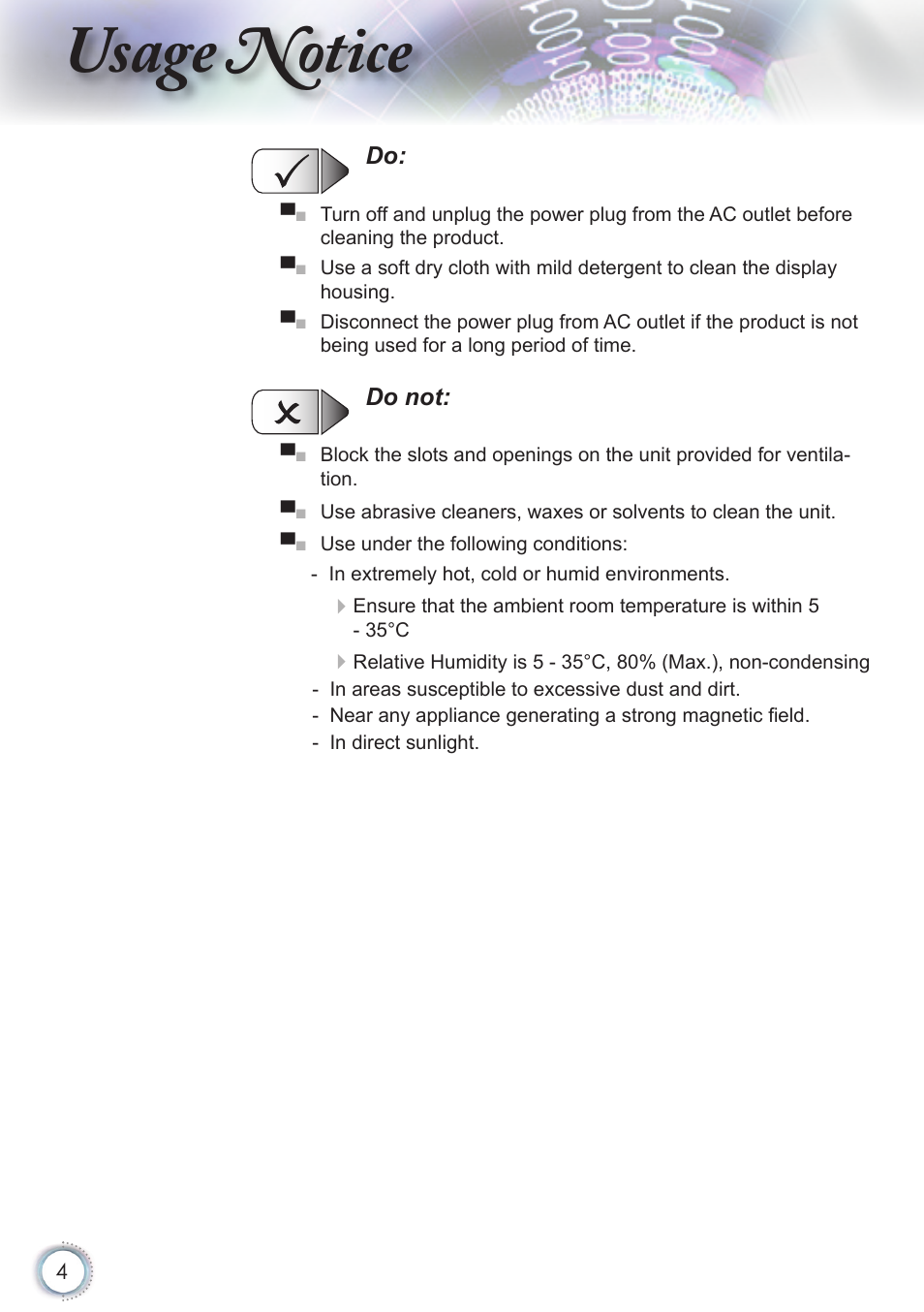 Usage notice | Optoma HD82 User Manual | Page 4 / 52
