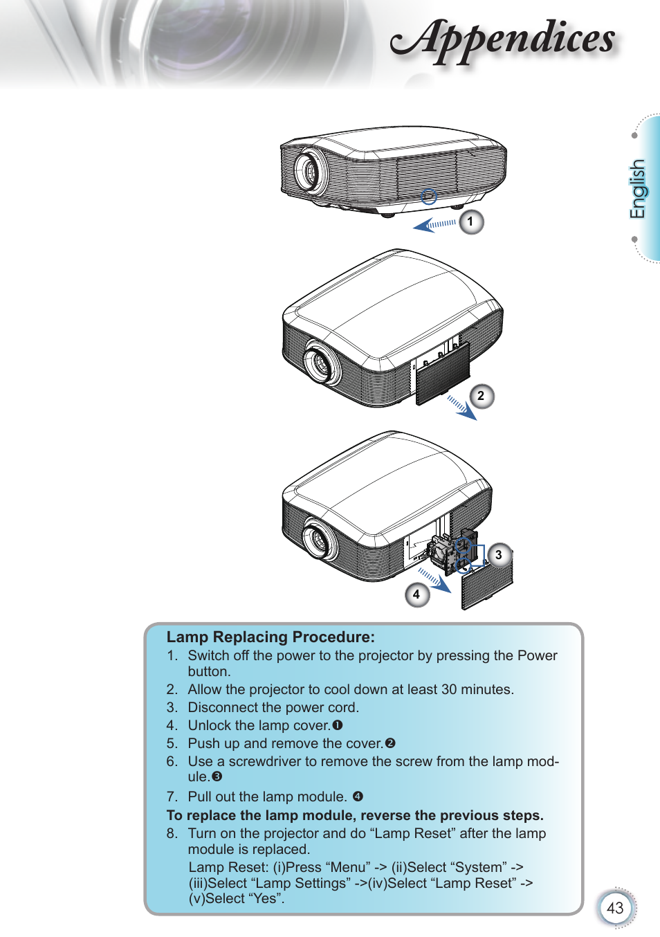 Appendices, English | Optoma HD82 User Manual | Page 43 / 52