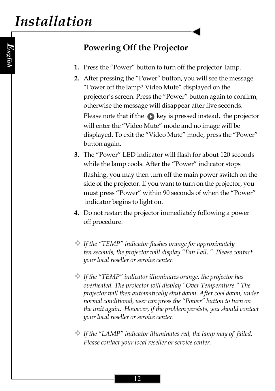 Installation, Powering off the projector | Optoma Optoma ThemeScene H77 User Manual | Page 12 / 31