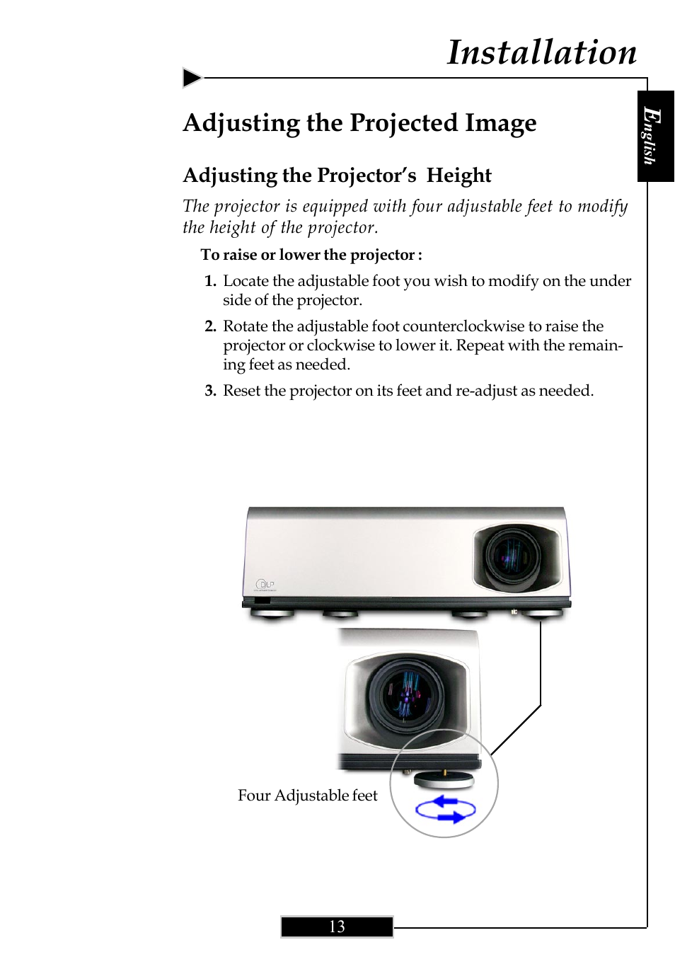 Installation, Adjusting the projected image | Optoma Optoma ThemeScene H77 User Manual | Page 13 / 31