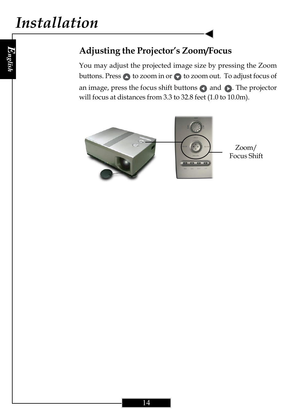 Installation, Adjusting the projector’s zoom/focus | Optoma Optoma ThemeScene H77 User Manual | Page 14 / 31