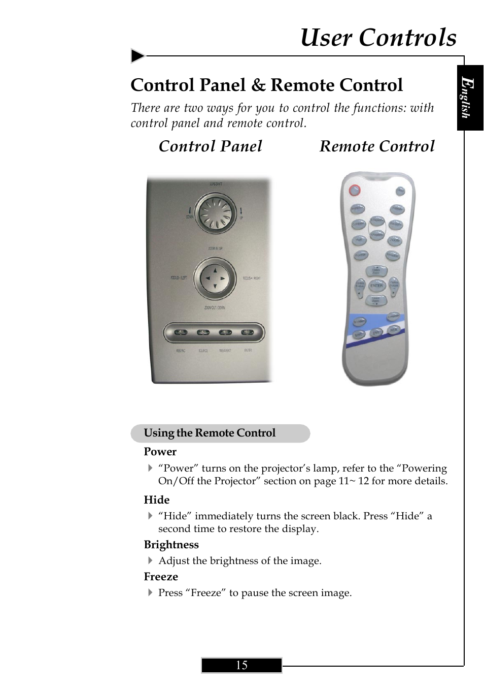 User controls, Control panel & remote control, Remote control control panel | Optoma Optoma ThemeScene H77 User Manual | Page 15 / 31