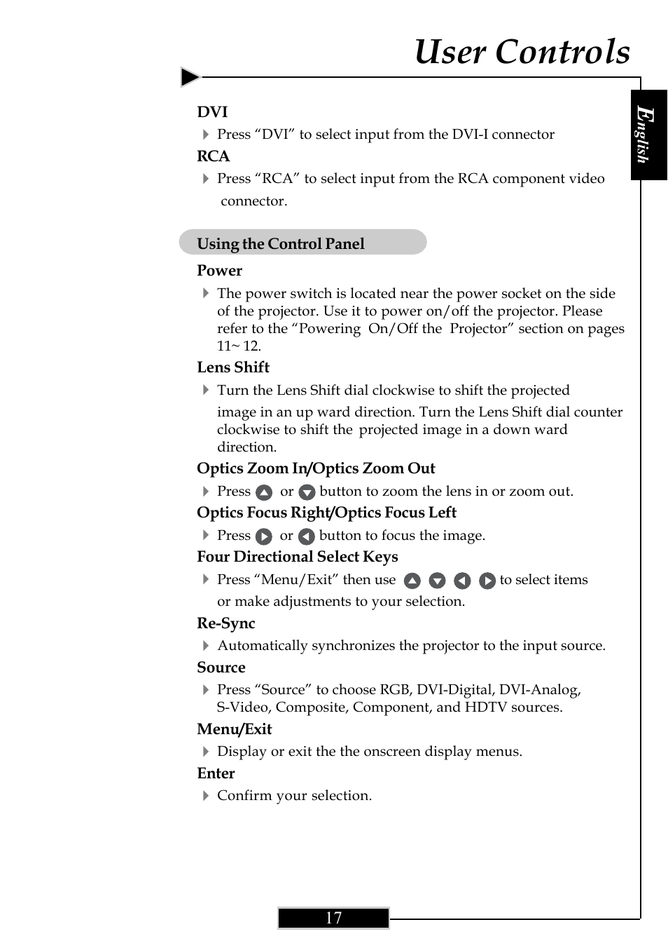 User controls | Optoma Optoma ThemeScene H77 User Manual | Page 17 / 31
