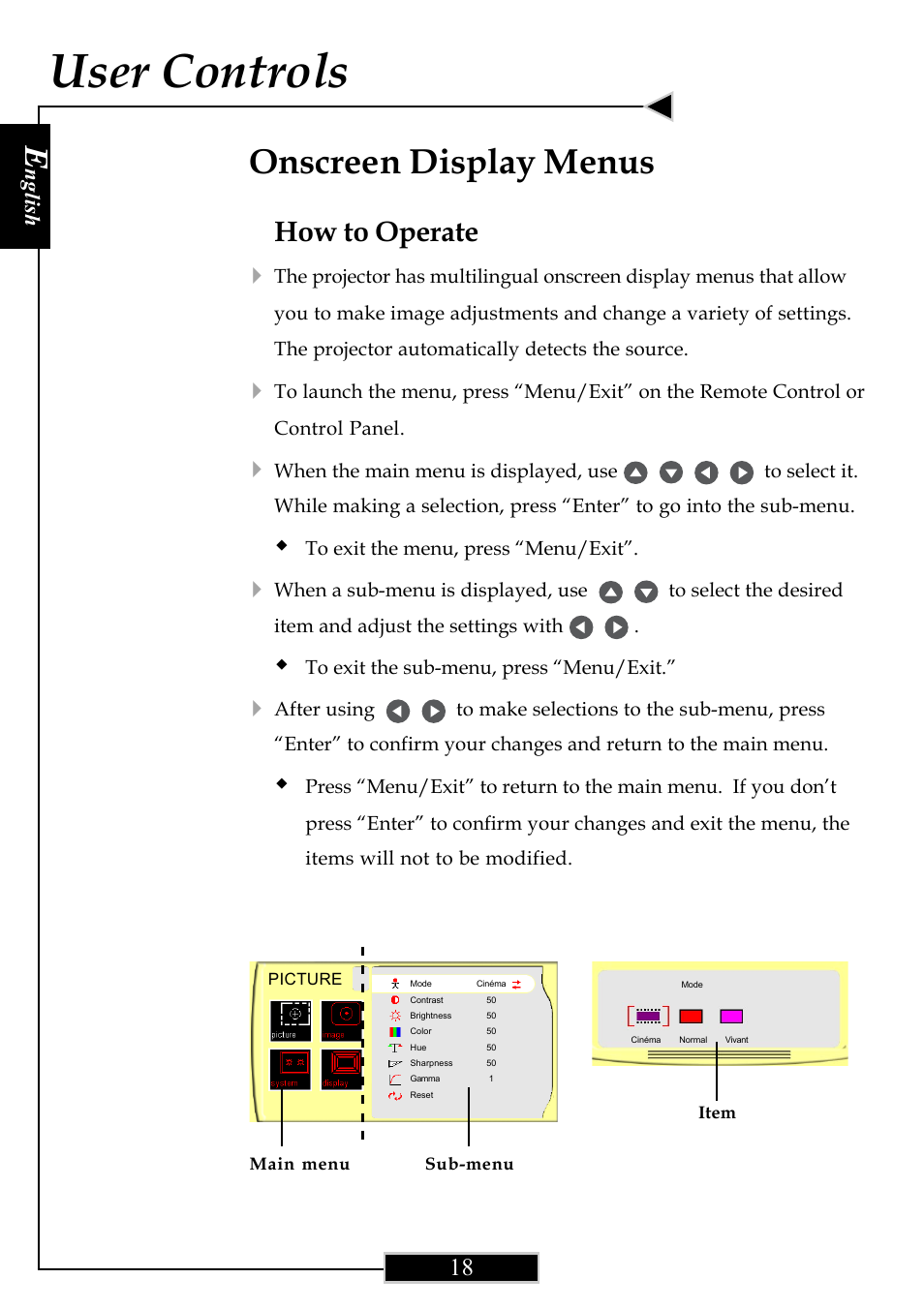 User controls, Onscreen display menus, How to operate | Nglish | Optoma Optoma ThemeScene H77 User Manual | Page 18 / 31