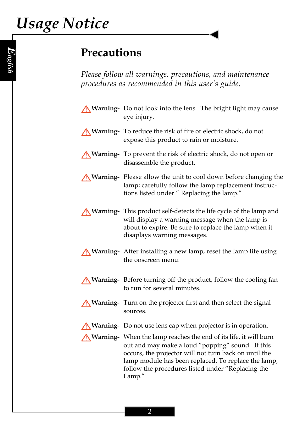 Usage notice, Precautions | Optoma Optoma ThemeScene H77 User Manual | Page 2 / 31