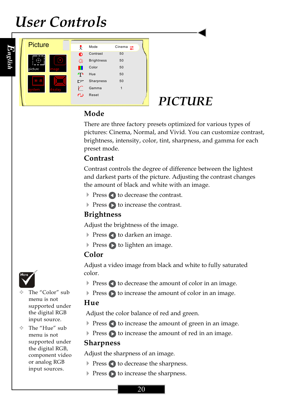 User controls, Picture, Mode | Contrast, Brightness, Color, Sharpness | Optoma Optoma ThemeScene H77 User Manual | Page 20 / 31