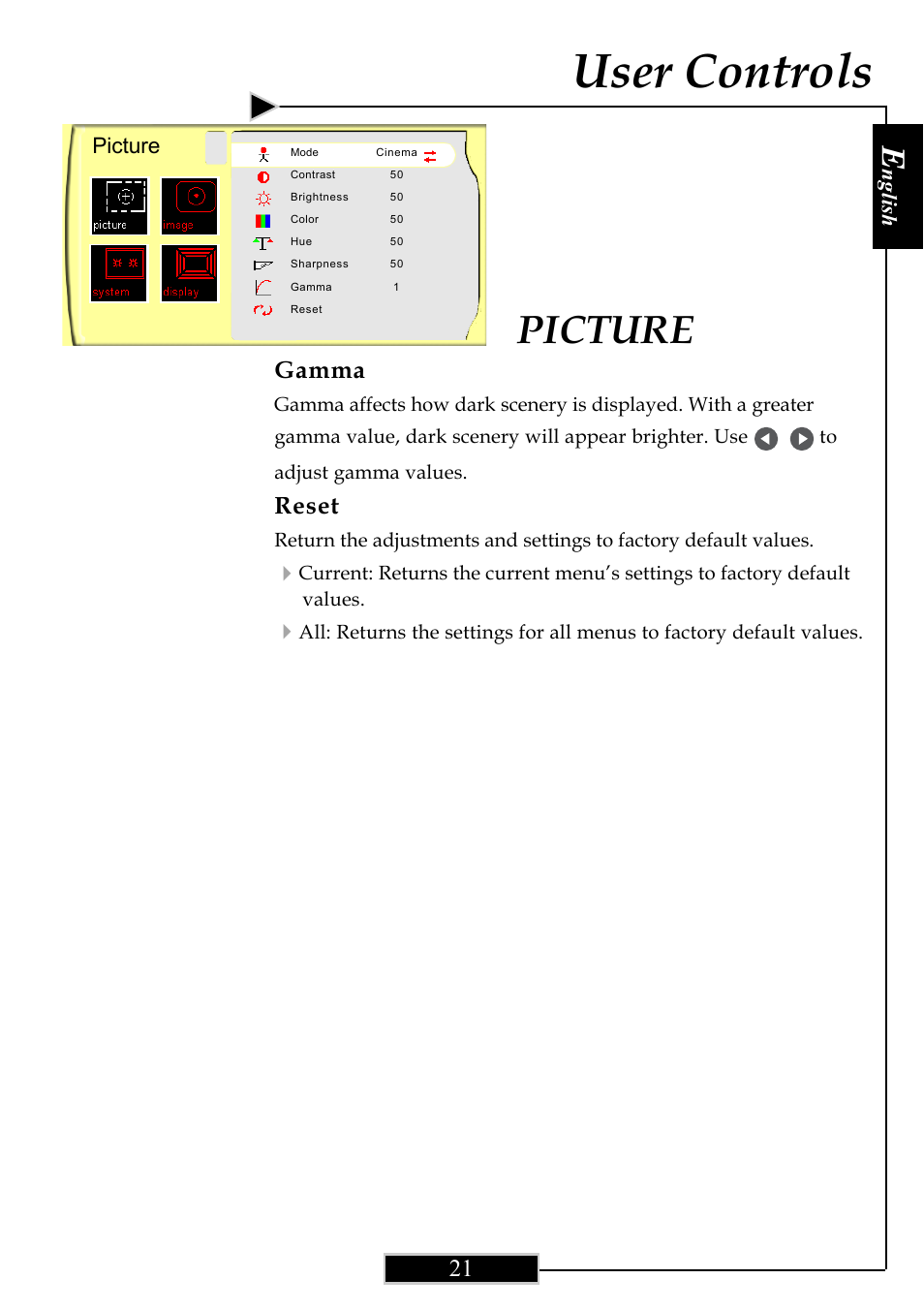 User controls, Picture, 21 gamma | Reset, Nglish | Optoma Optoma ThemeScene H77 User Manual | Page 21 / 31