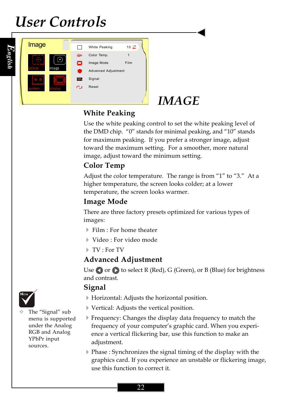 User controls, Image | Optoma Optoma ThemeScene H77 User Manual | Page 22 / 31