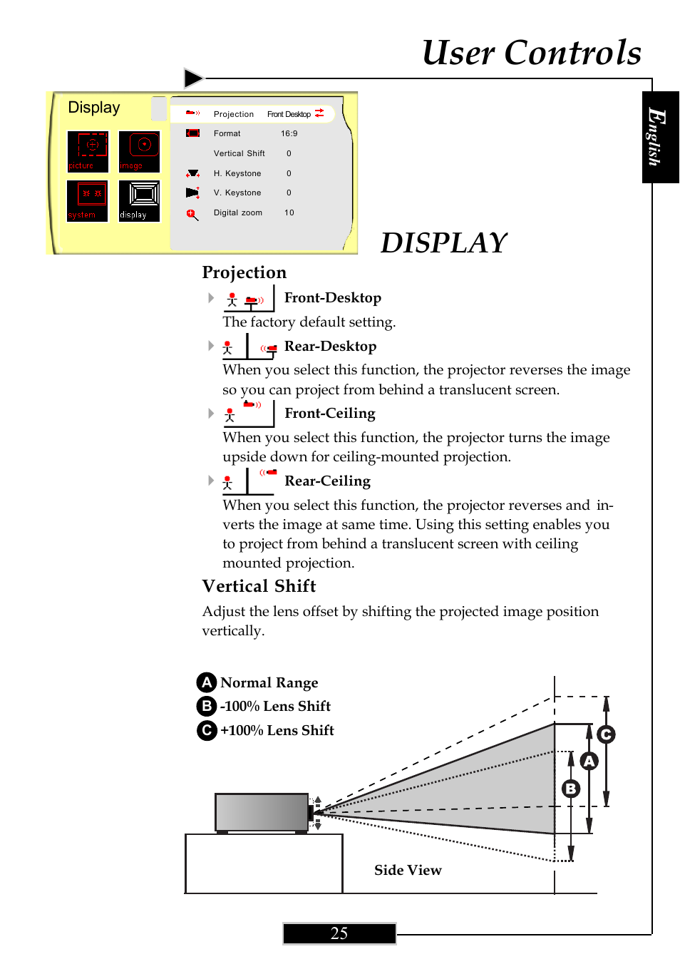 User controls, Display, Projection 4 | Vertical shift | Optoma Optoma ThemeScene H77 User Manual | Page 25 / 31