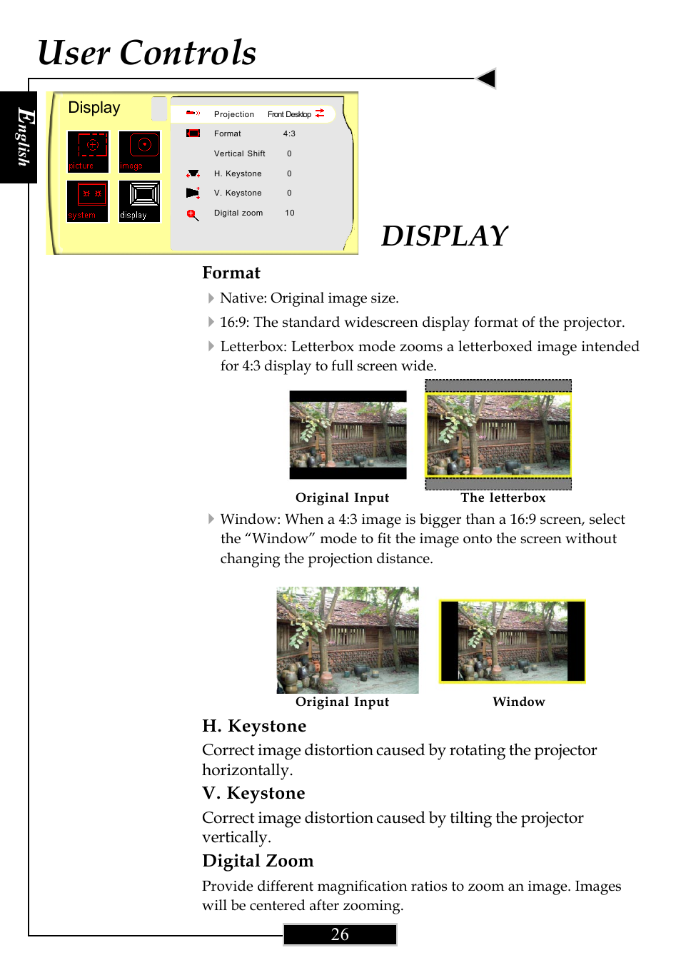 User controls, Display, Format 4 | H. keystone, V. keystone, Digital zoom | Optoma Optoma ThemeScene H77 User Manual | Page 26 / 31