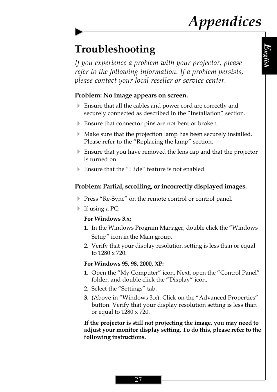 Appendices, Troubleshooting | Optoma Optoma ThemeScene H77 User Manual | Page 27 / 31