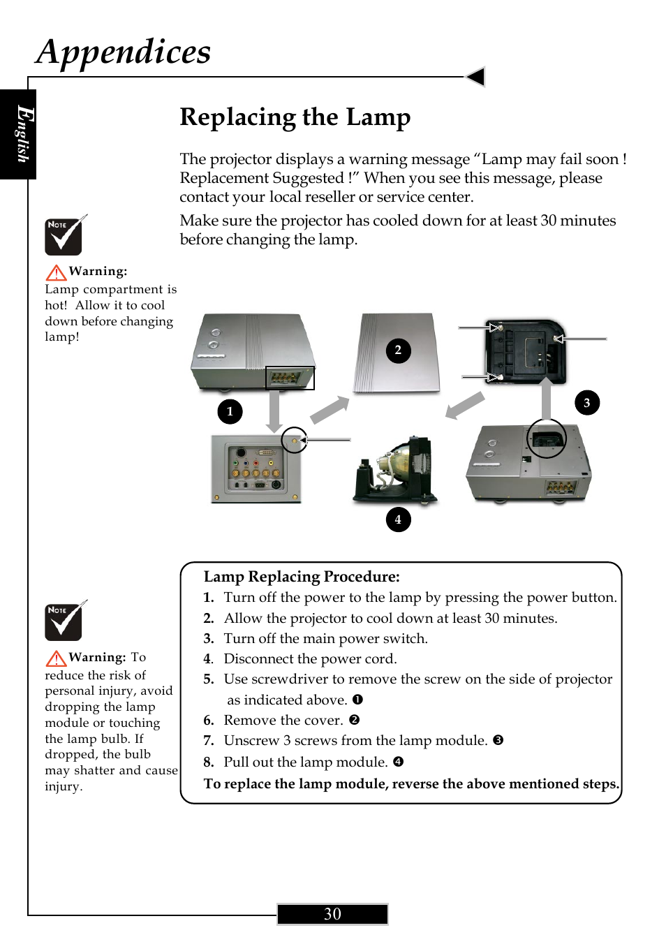 Appendices, Replacing the lamp | Optoma Optoma ThemeScene H77 User Manual | Page 30 / 31