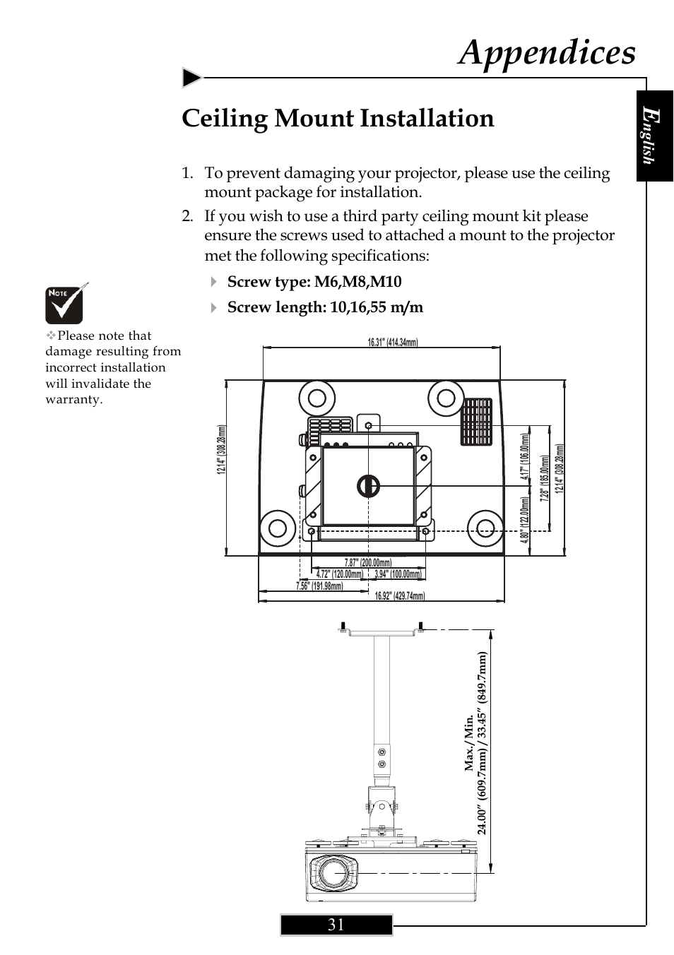 Appendices, Ceiling mount installation | Optoma Optoma ThemeScene H77 User Manual | Page 31 / 31