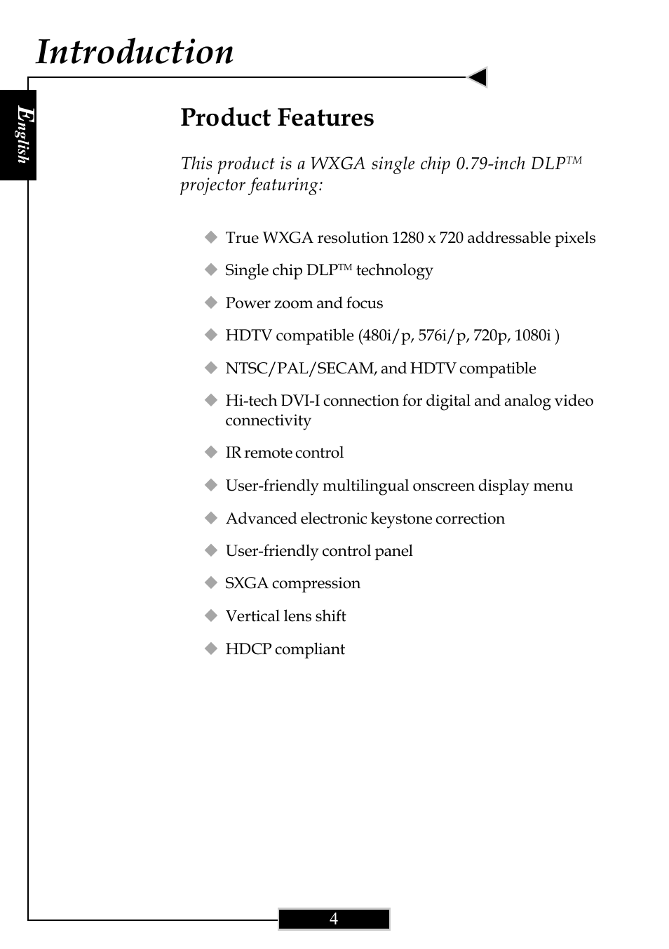 Introduction, Product features | Optoma Optoma ThemeScene H77 User Manual | Page 4 / 31