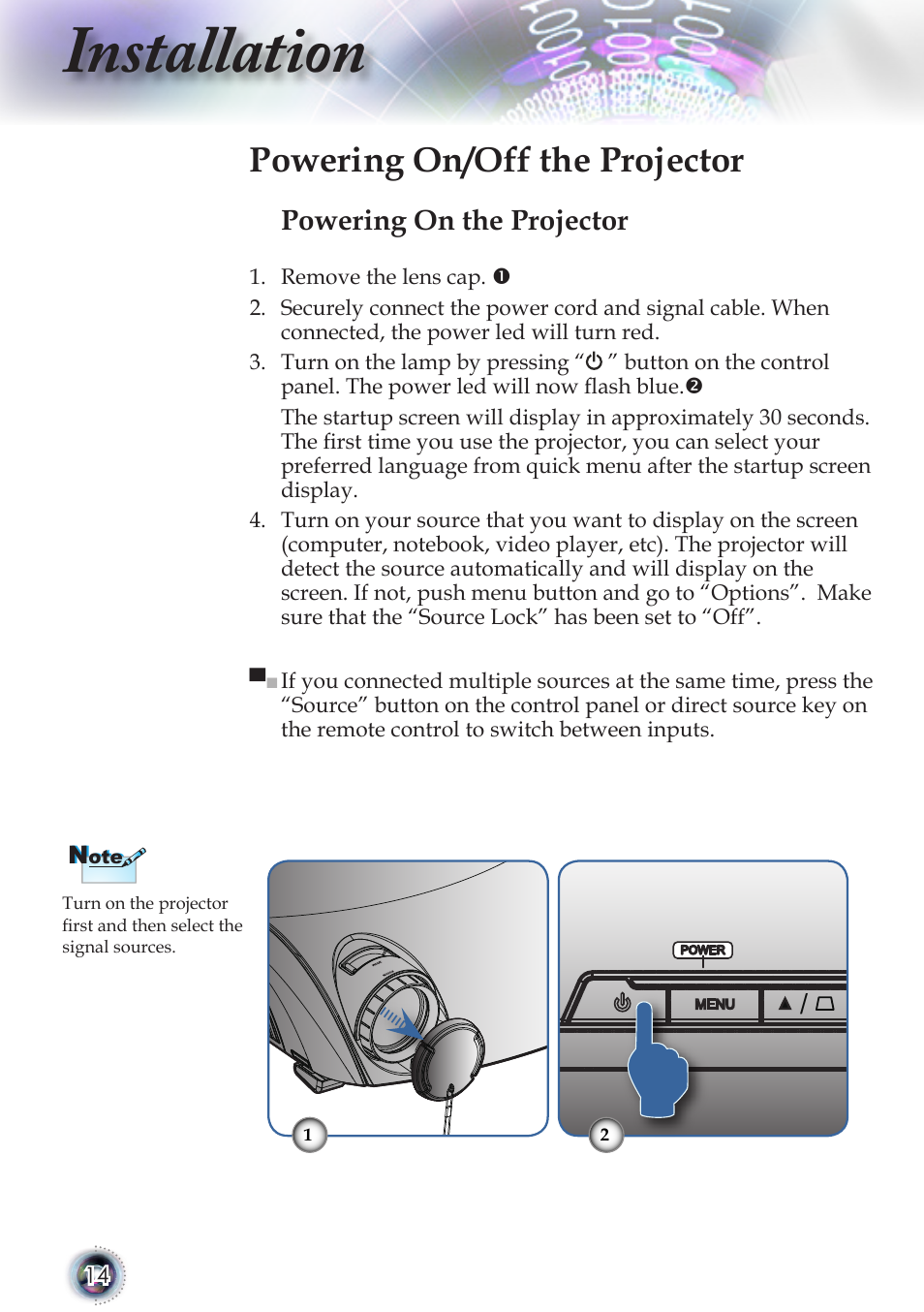Installation, Powering on/off the projector, Powering on the projector | Optoma TSFN-IR01 User Manual | Page 14 / 60