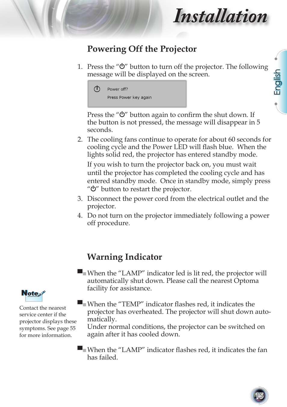 Installation, Warning indicator, Powering off the projector | English | Optoma TSFN-IR01 User Manual | Page 15 / 60
