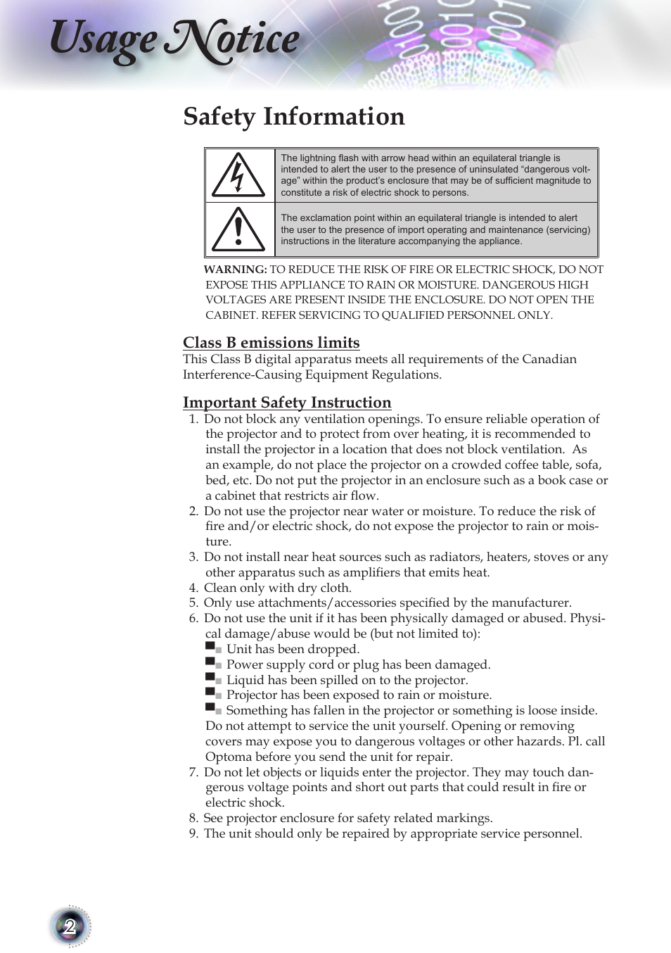 Usage notice, Safety information | Optoma TSFN-IR01 User Manual | Page 2 / 60