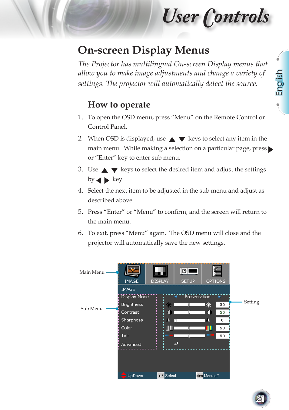 User controls, On-screen display menus, How to operate | English | Optoma TSFN-IR01 User Manual | Page 21 / 60