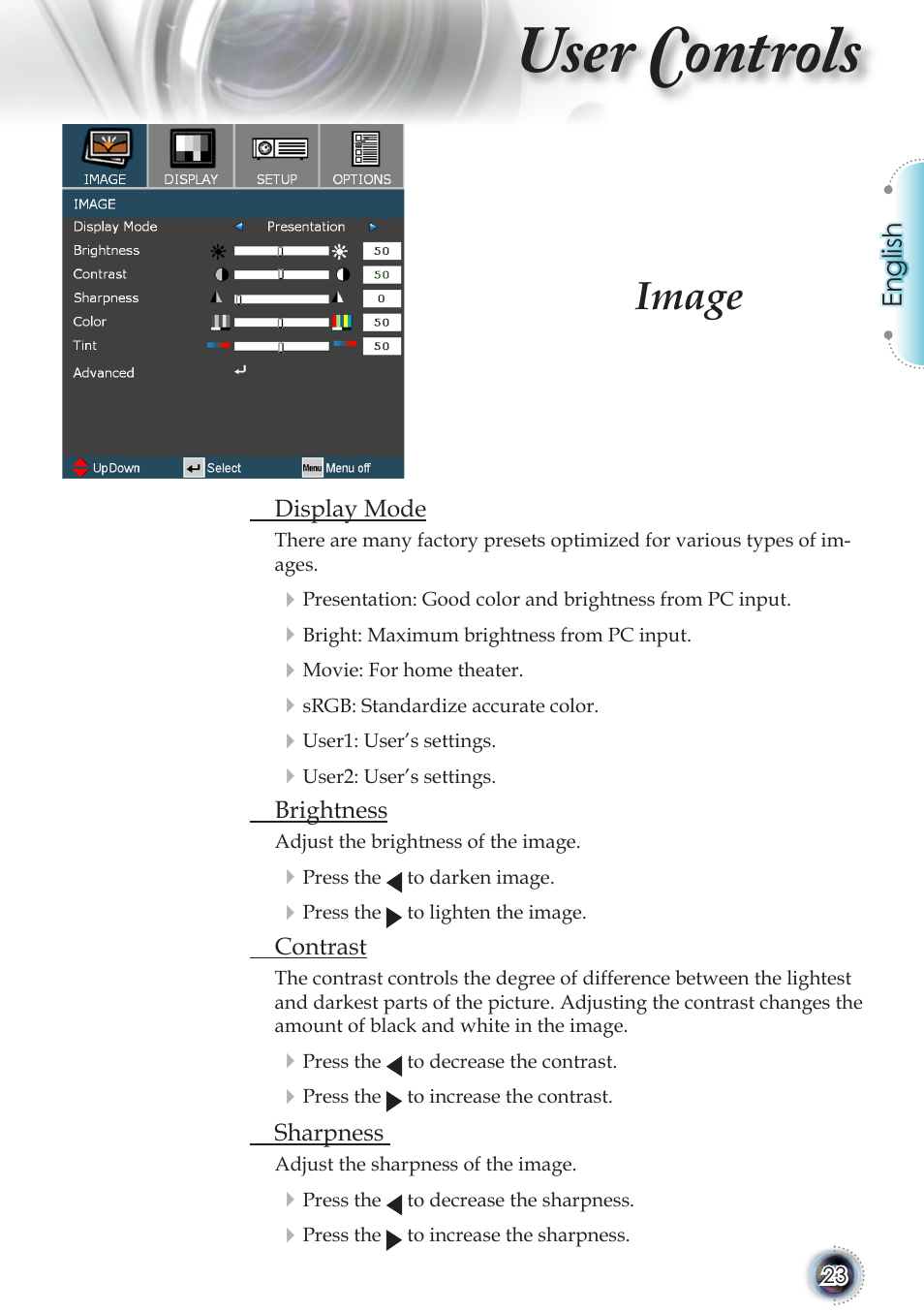 User controls, Image | Optoma TSFN-IR01 User Manual | Page 23 / 60