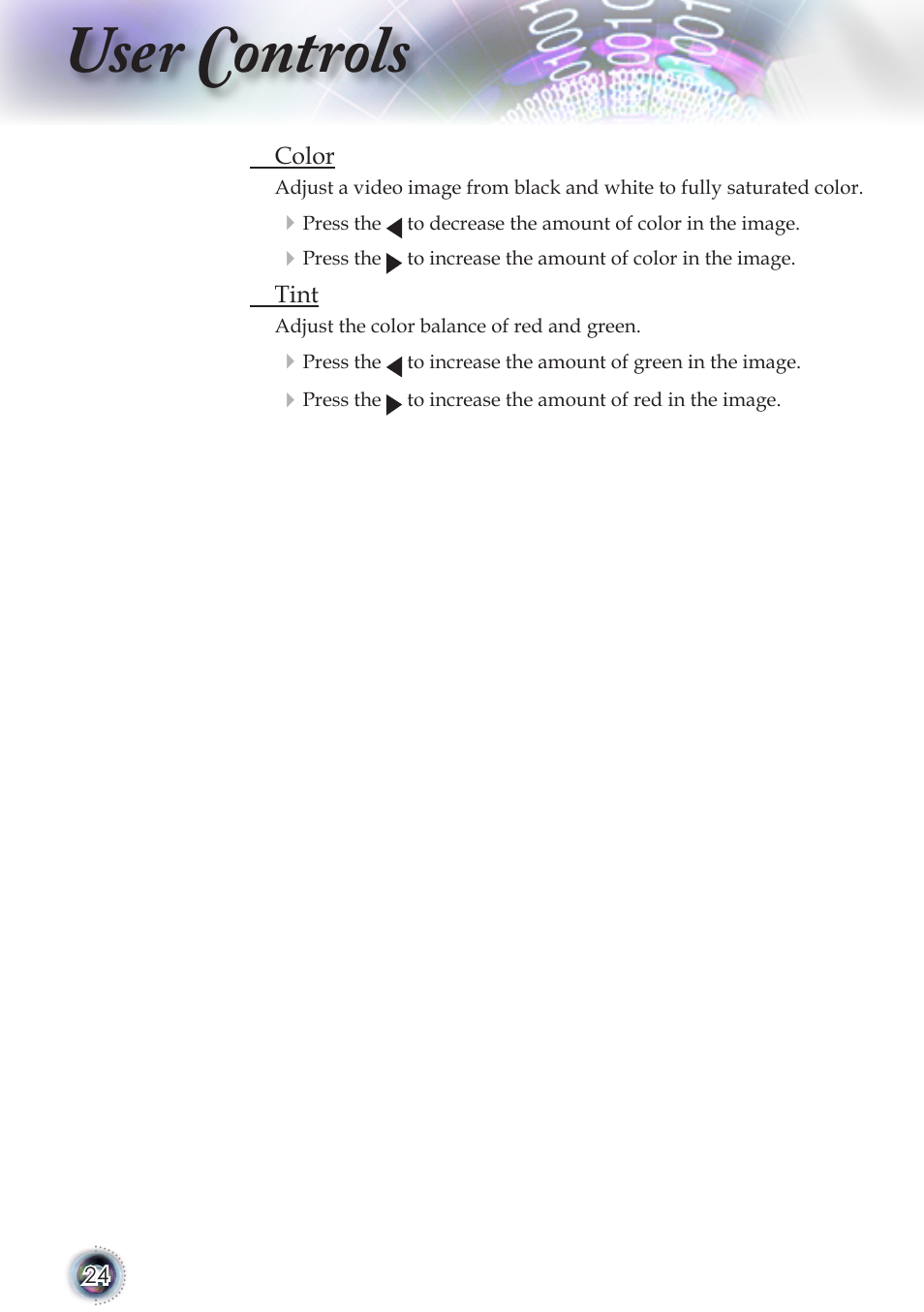 User controls | Optoma TSFN-IR01 User Manual | Page 24 / 60