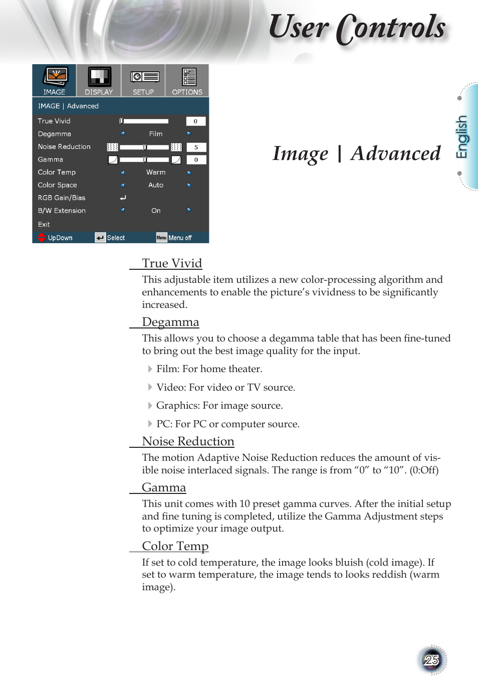 User controls, Image | advanced | Optoma TSFN-IR01 User Manual | Page 25 / 60