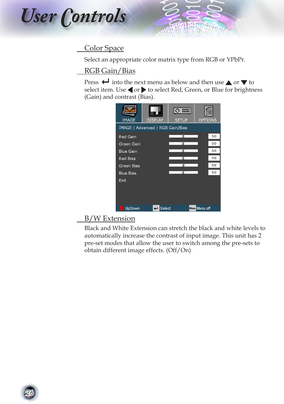 User controls | Optoma TSFN-IR01 User Manual | Page 26 / 60