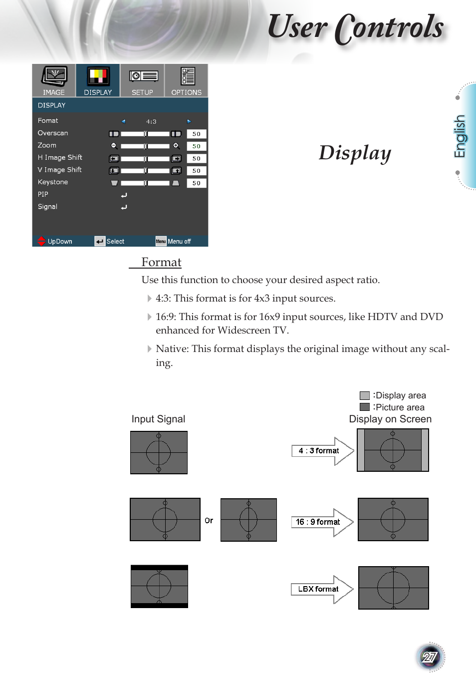 User controls, Display | Optoma TSFN-IR01 User Manual | Page 27 / 60