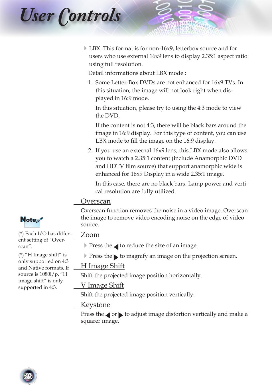 User controls | Optoma TSFN-IR01 User Manual | Page 28 / 60