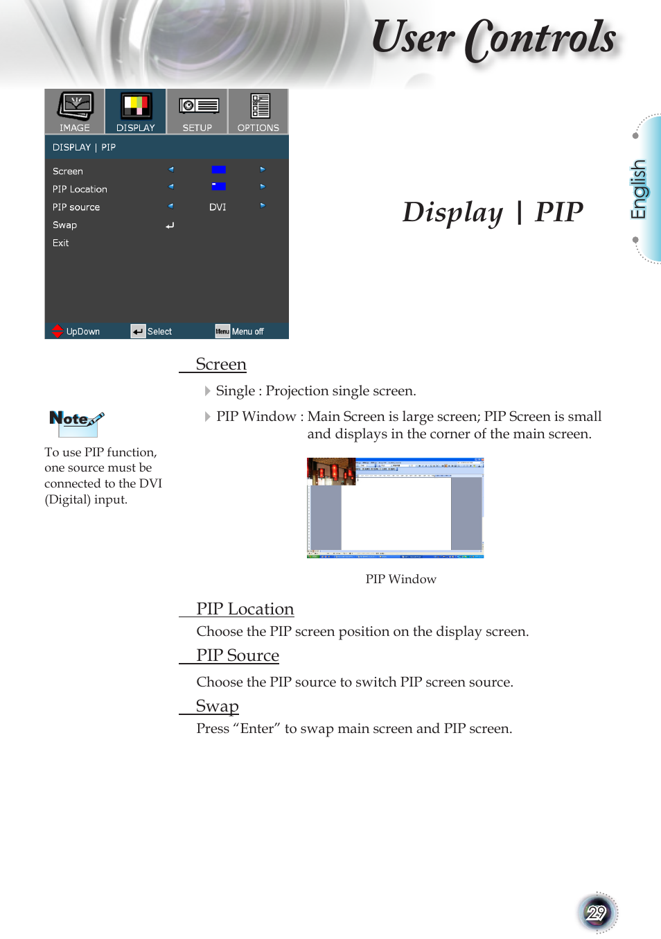 User controls, Display | pip | Optoma TSFN-IR01 User Manual | Page 29 / 60