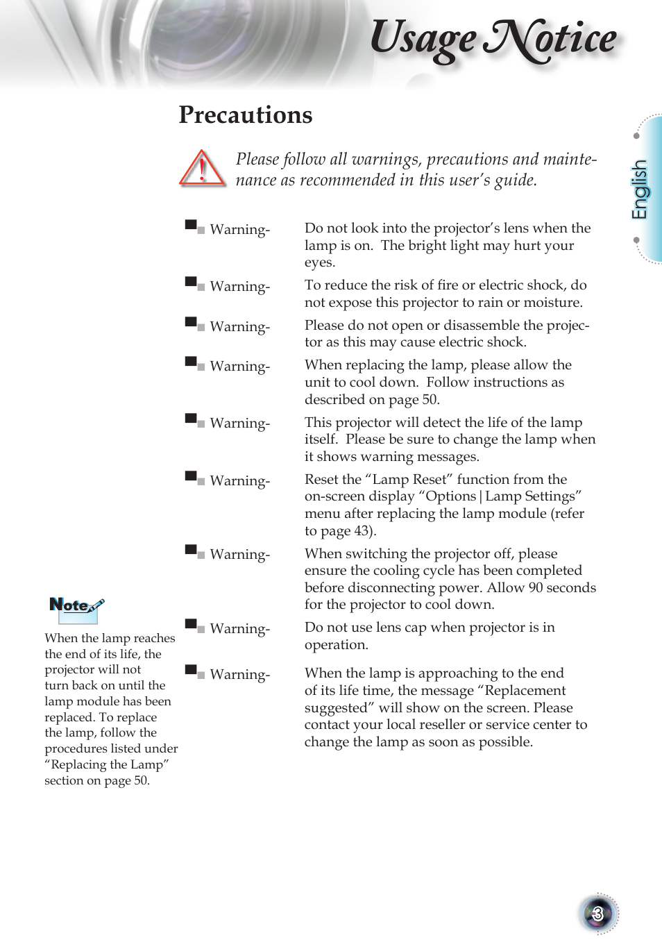 Usage notice, Precautions, English | Optoma TSFN-IR01 User Manual | Page 3 / 60