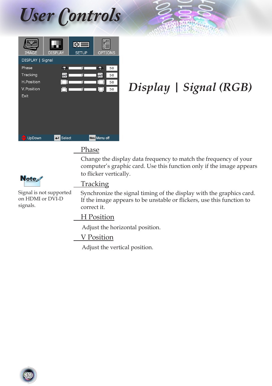 User controls, Display | signal (rgb) | Optoma TSFN-IR01 User Manual | Page 30 / 60