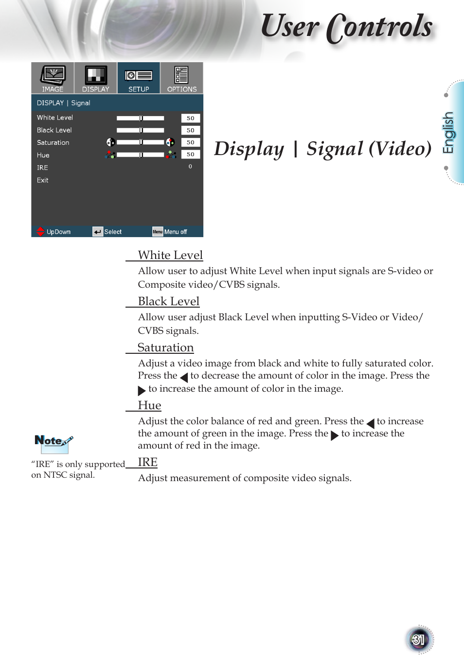 User controls, Display | signal (video) | Optoma TSFN-IR01 User Manual | Page 31 / 60