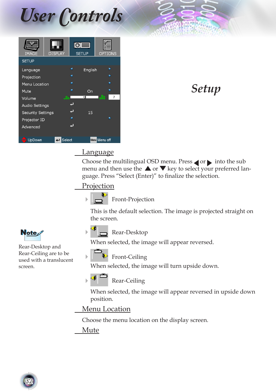 User controls, Setup | Optoma TSFN-IR01 User Manual | Page 32 / 60