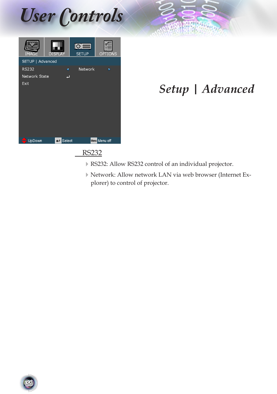User controls, Setup | advanced | Optoma TSFN-IR01 User Manual | Page 36 / 60