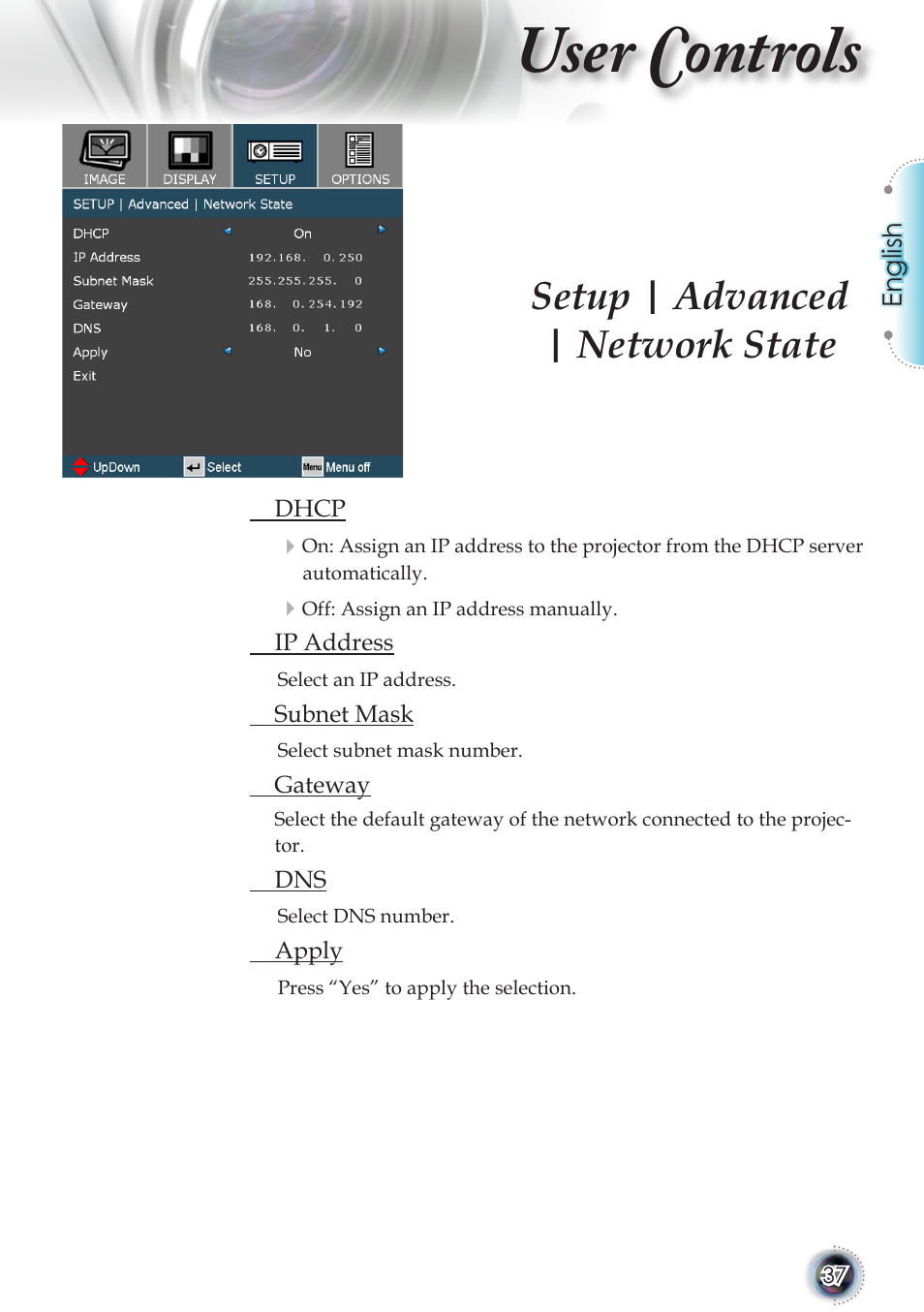 User controls, Setup | advanced | network state | Optoma TSFN-IR01 User Manual | Page 37 / 60