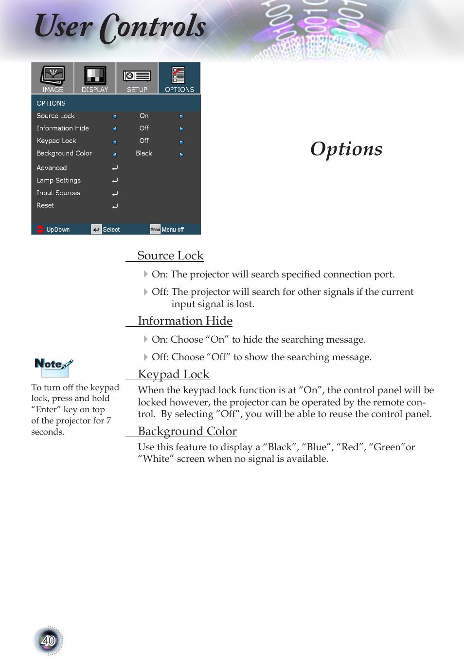 User controls, Options | Optoma TSFN-IR01 User Manual | Page 40 / 60