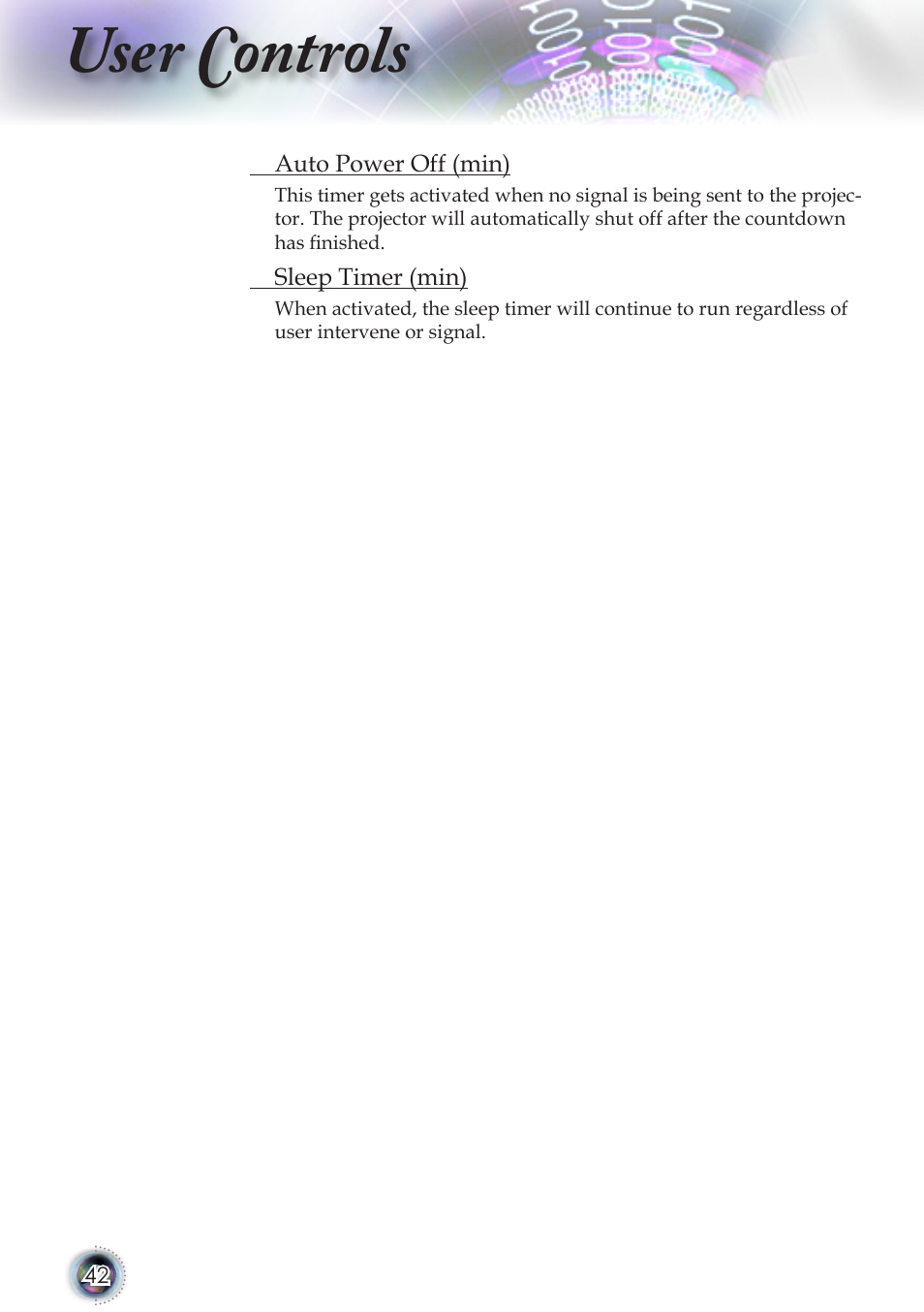 User controls | Optoma TSFN-IR01 User Manual | Page 42 / 60